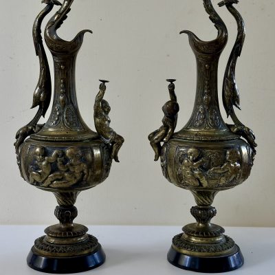 Pair Of French Classical Bronze Slate Ewer Cherubs Putti Pitchers