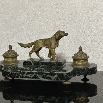 Antique French Empire Figural Bronze & Marble Hunting Dog Desk Double Inkwell