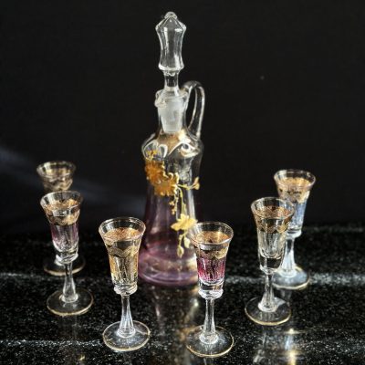 Glass Decanter Set with 6 Gold-Accented Glasses