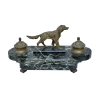 Antique French Empire Figural Bronze & Marble Hunting Dog Desk Double Inkwell