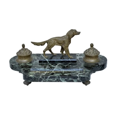 Antique French Empire Figural Bronze & Marble Hunting Dog Desk Double Inkwell