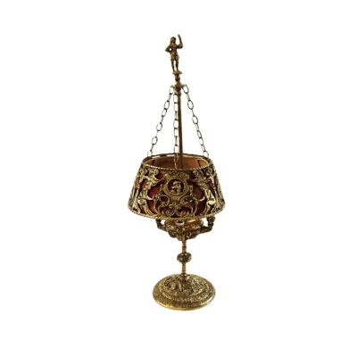 Antique Ornate Gold Gilt Heavy Bronze Figural Electric Hanging Shade Table Lamp