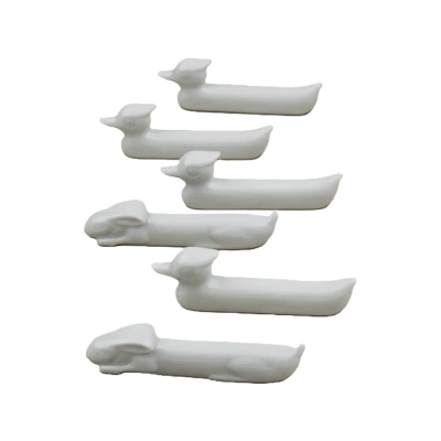 Set Of 6 Vintage White Porcelain Duck & Rabbit Knife Rests