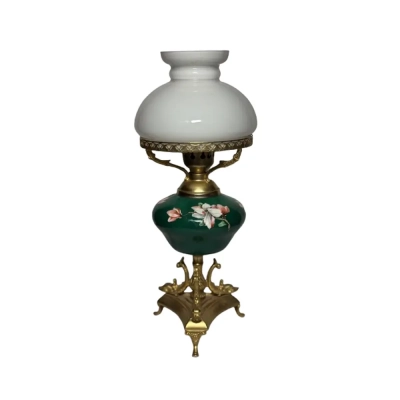 Victorian Floral Brass & Opaline Hurricane Lamp
