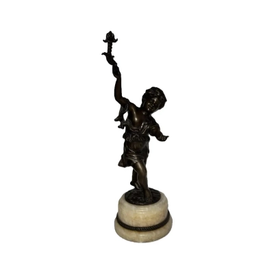 Antique Bronze Sculpture Of A Boy With Flower