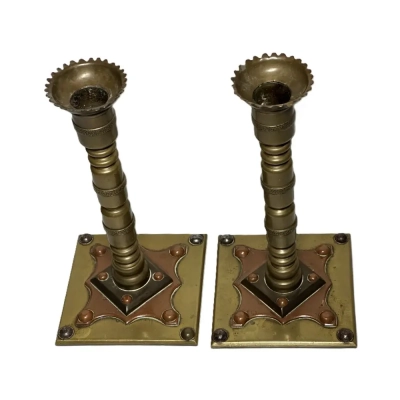 Antique Pair Of Copper With Brass Candle Sticks