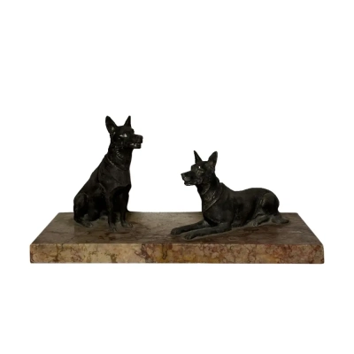 Art Deco Bronze German Shepherd Sculpture On Marble Base