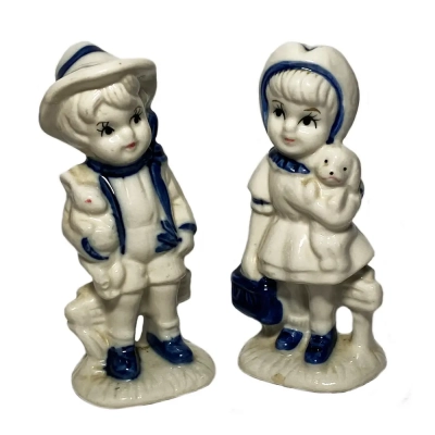 Delft Blue Figurines: Girl With Puppy & Boy With Bunny