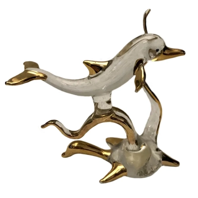 Thai Glass Dolphin Sculpture With 11k Gold Accents