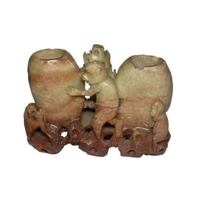 Chinese Hand-Carved Soapstone Brush Holder With Monkeys