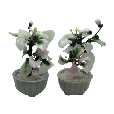 Nephrite Jade Bonsai Tree With White Blossoms In Celadon Pot