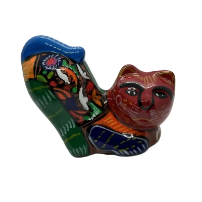 Vintage Mexican Talavera Stretching Cat Figure