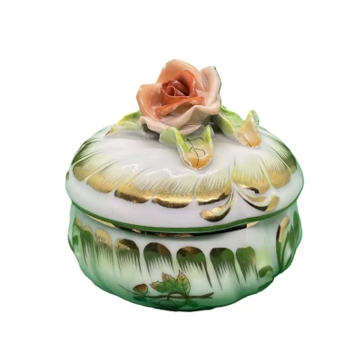 Herend Porcelain Rose Trinket Box, Hungarian
