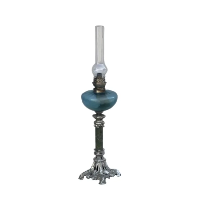 Silver-Plated Antique Blue Glass Oil Lamp