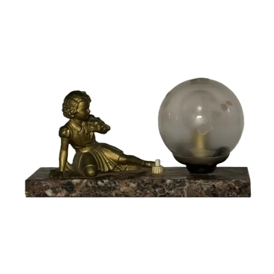 Art Deco Bronze Sculptural Table Lamp With Frosted Globe & Marble Base